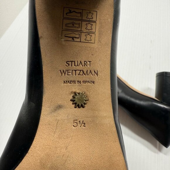 Stuart Weitzman Anicia 60 Black Leather Pumps Gold Buckle Size 5.5 Block Heel - Picture 13 of 13